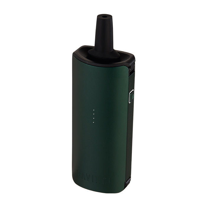 Green Miqro-C vaporizer with mouthpiece, against a white background.