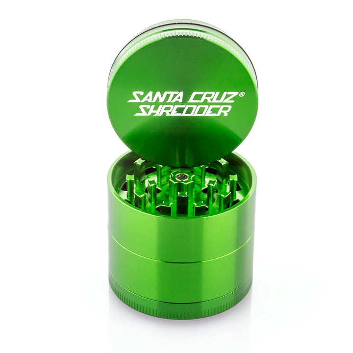 Green Medium 4 Piece grinder with lid off.