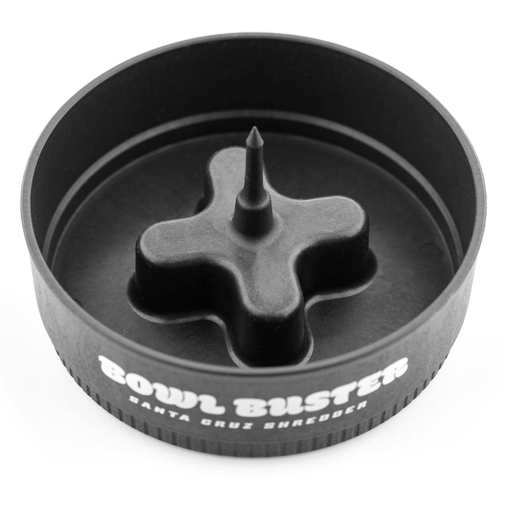 High angle of Black Bowl Buster against white background.