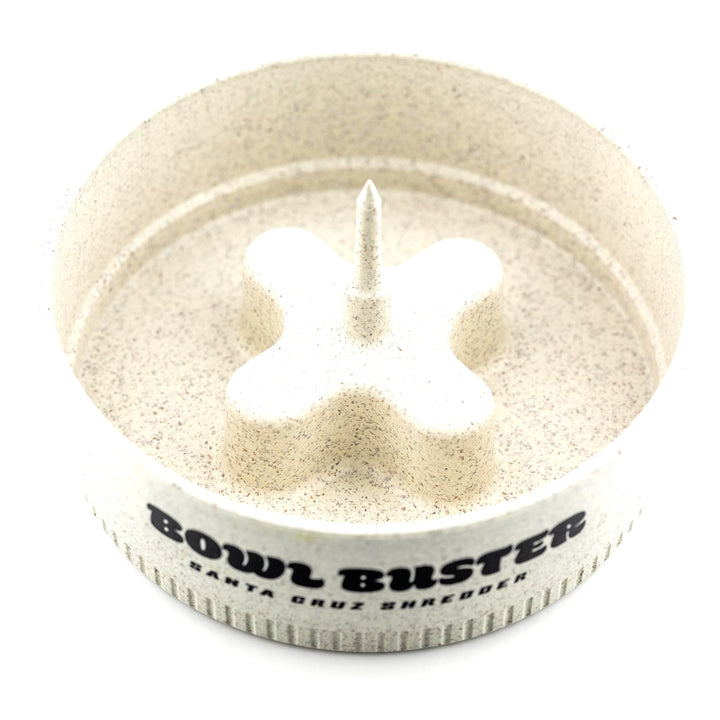 High angle of White Bowl Buster against white background.